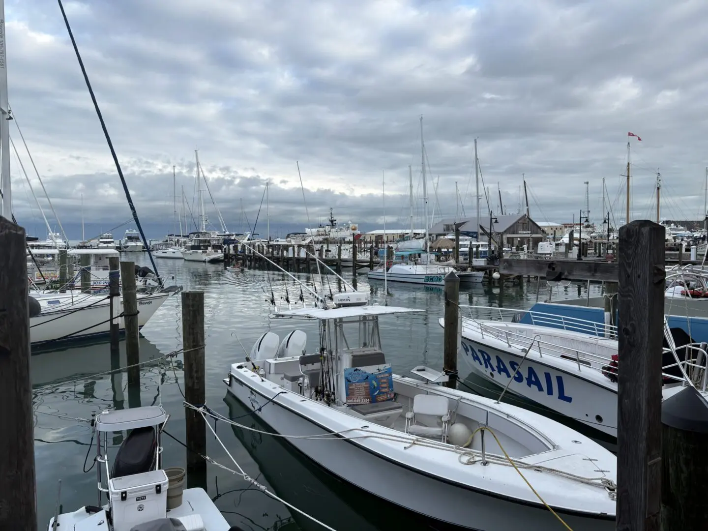 View of yachts at a cloudy harbor